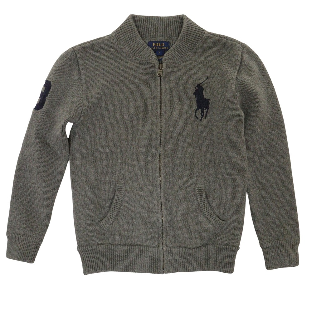 Polo Ralph Lauren Sweater Full Zip Big Pony 100% Cotton Gray Preppy Kids 7
